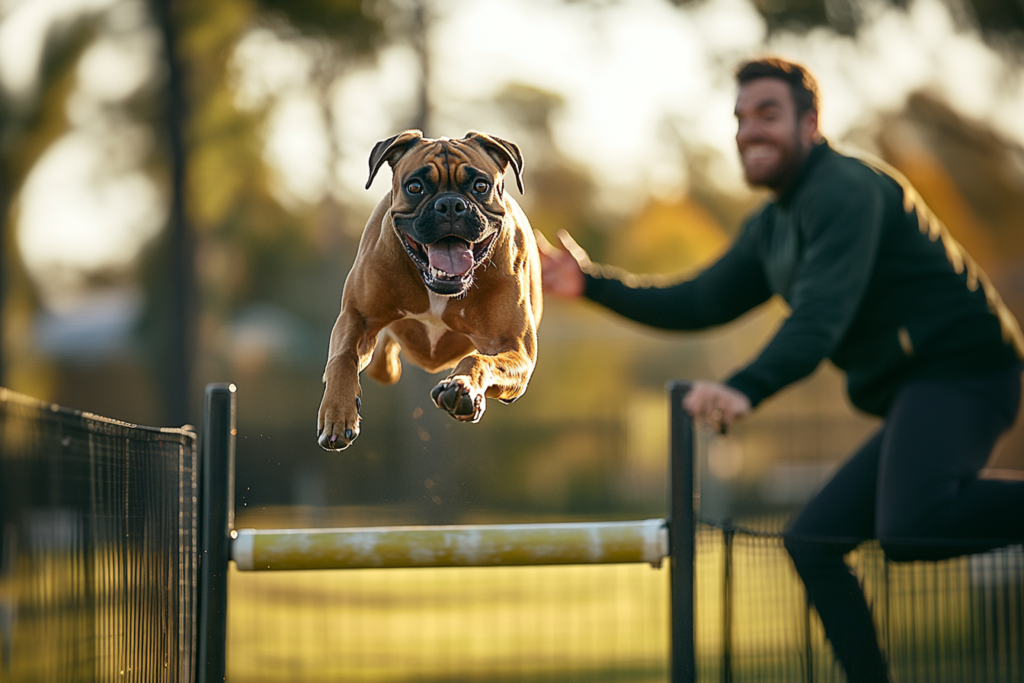 Boxer chien en pleine activité d'entraînement, sautant un obstacle en extérieur avec son maître encourageant à ses côtés