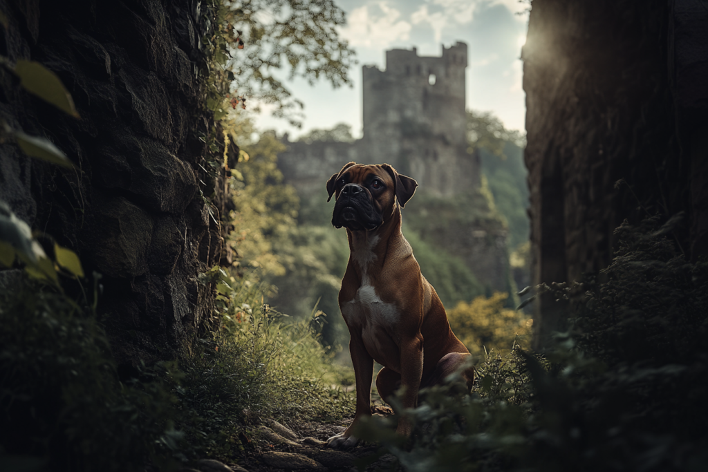 Boxer chien musclé dans un paysage allemand historique, entouré de forêts et de châteaux, symbolisant l'origine et l'héritage de la race Boxer Français
