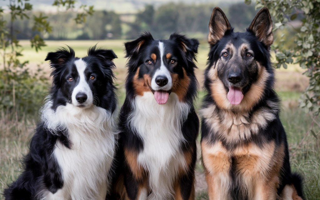 Chien de berger noir et blanc avec un pelage dense et brillant, en extérieur, montrant une expression vive et intelligente. Le motif unique de ses couleurs accentue son apparence élégante et dynamique dans un environnement naturel.