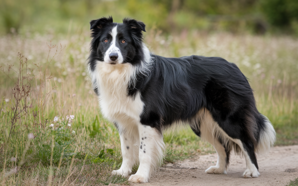 Chien de berger noir et blanc avec un pelage dense et brillant, en extérieur, montrant une expression vive et intelligente. Le motif unique de ses couleurs accentue son apparence élégante et dynamique dans un environnement naturel.