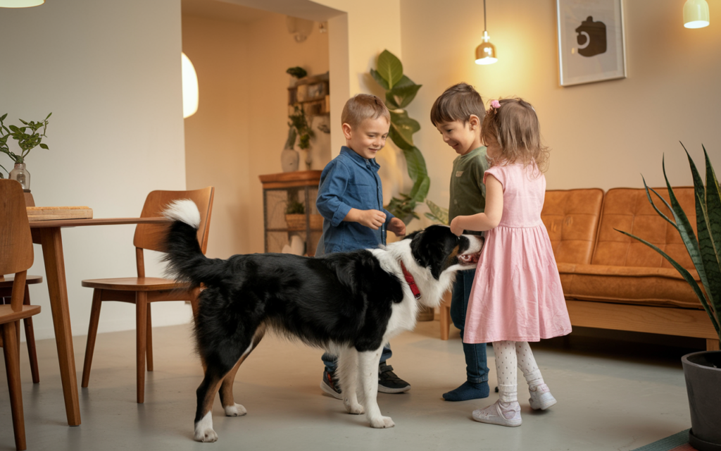 Chien de berger noir et blanc avec un pelage dense et brillant, en extérieur, montrant une expression vive et intelligente. Le motif unique de ses couleurs accentue son apparence élégante et dynamique dans un environnement naturel.