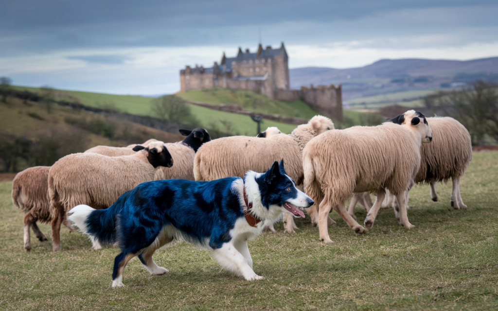 Border Collie bleu merle en extérieur, avec un pelage unique aux nuances de gris, noir et blanc. Ce chien de travail intelligent et énergique se distingue par sa couleur rare et son regard vif, idéal pour les activités de plein air et l'entraînement.