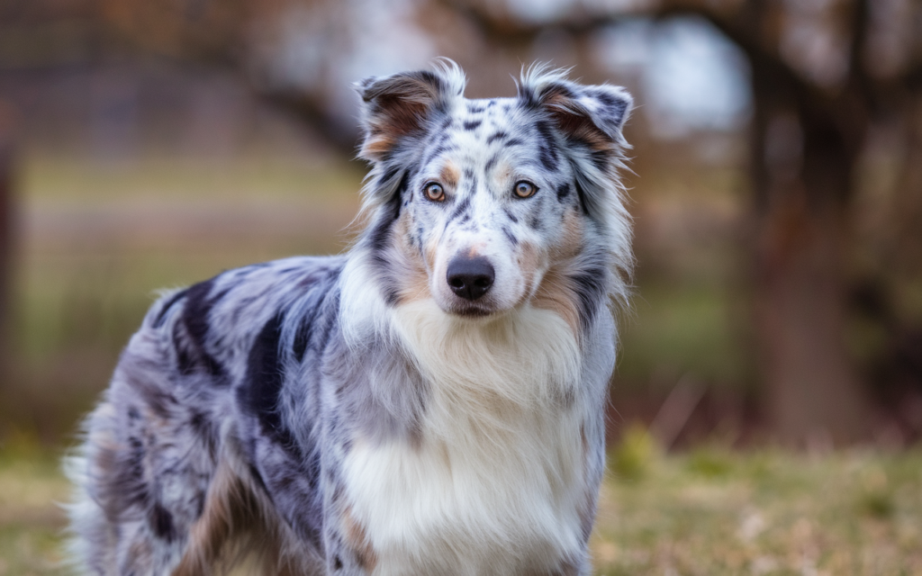 Border Collie bleu merle en extérieur, avec un pelage unique aux nuances de gris, noir et blanc. Ce chien de travail intelligent et énergique se distingue par sa couleur rare et son regard vif, idéal pour les activités de plein air et l'entraînement.