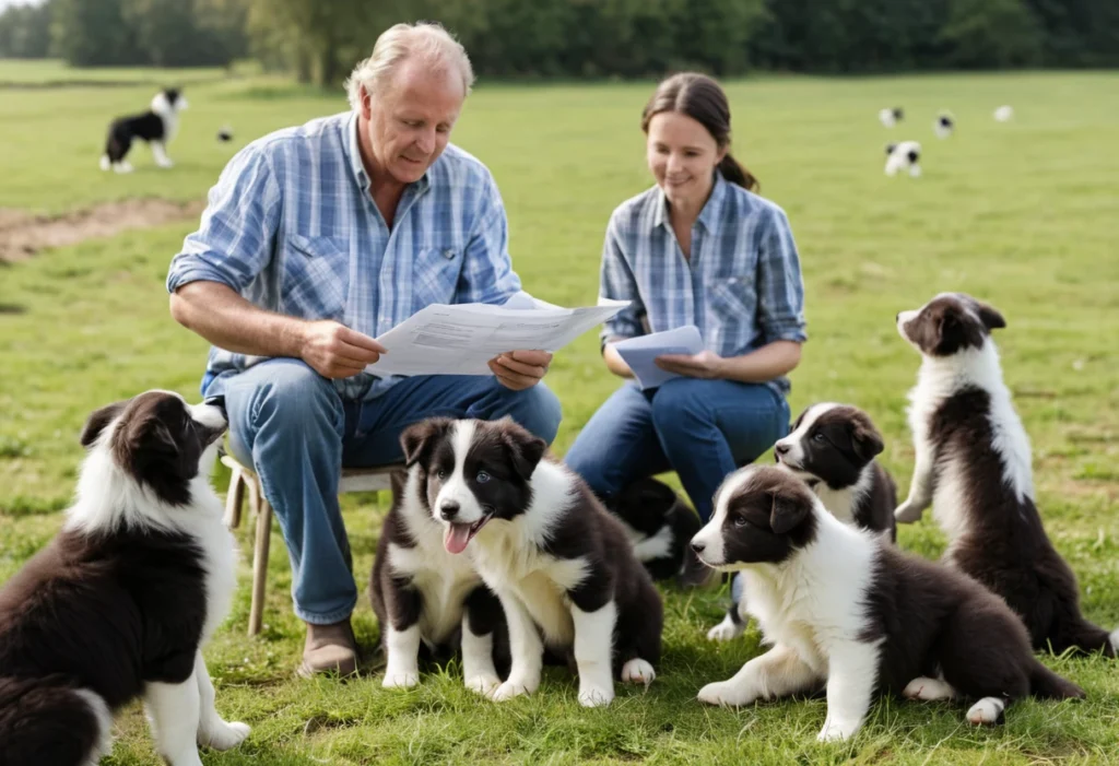 Un groupe de chiots Border Collie joue avec d'autres chiens sous la supervision d'un éducateur canin dans un parc, favorisant la socialisation et l'équilibre comportemental.