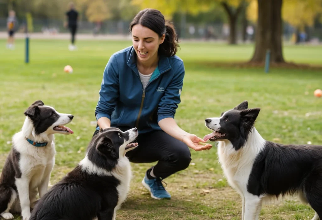 Un dresseur récompense un jeune Border Collie avec une friandise lors d'une séance d'entraînement en plein air, mettant en avant l'utilisation du renforcement positif.