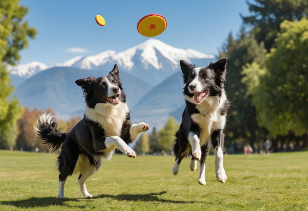 Un Border Collie sautant pour attraper un frisbee dans un parc, illustrant son besoin d'exercice intense et d'activités dynamiques.