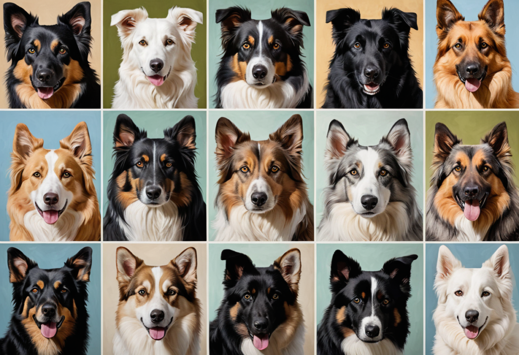 Groupe de différents chiens de berger posant ensemble dans un champ, montrant leur diversité et leur intelligence