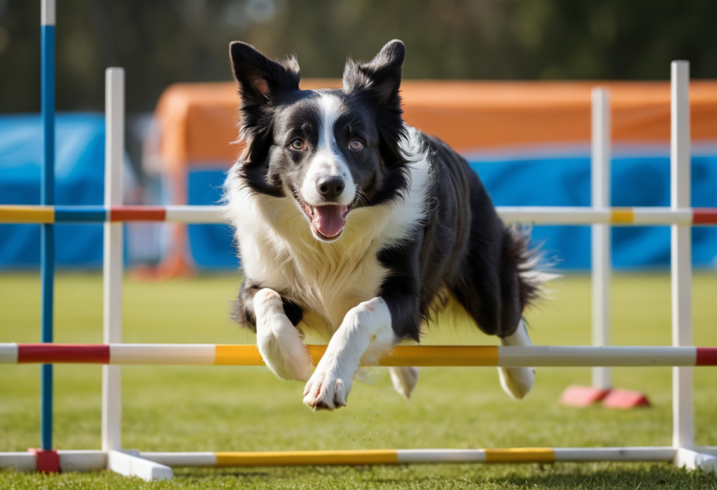 Chien de berger performant lors d'un show, exécutant des tours impressionnants devant un public captivé