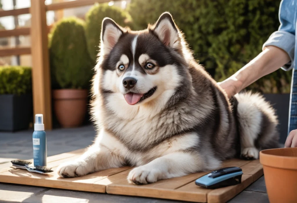 Pomsky câliné par son propriétaire sur un sofa confortable.