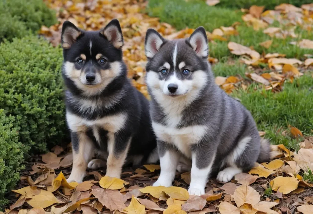 Pomsky en promenade dans un parc automnal.
