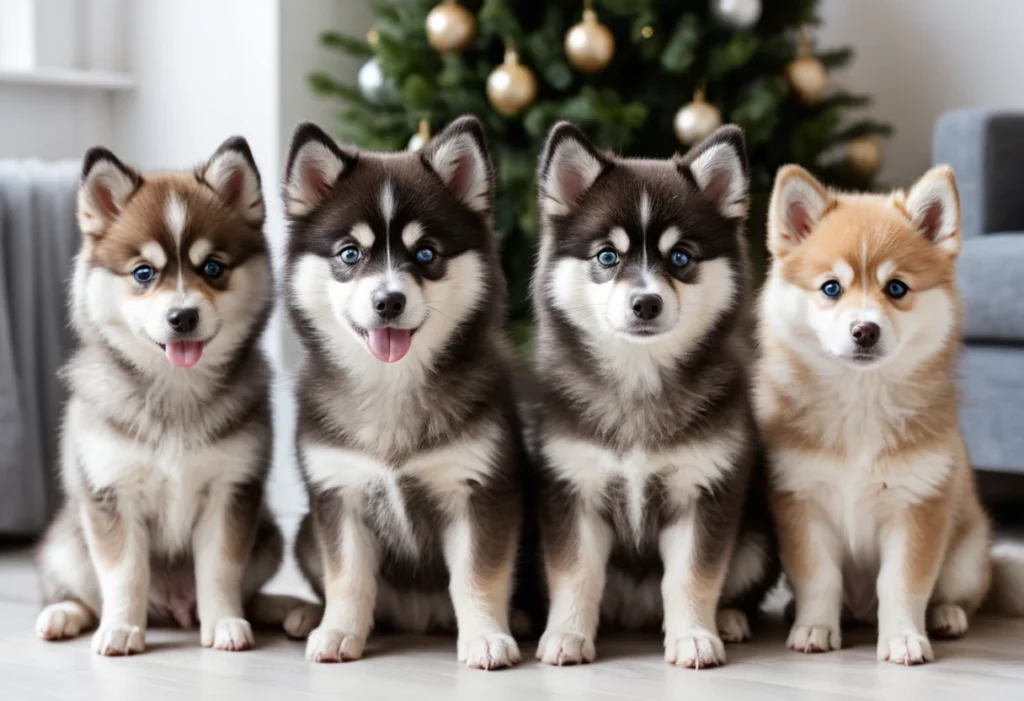 Pomsky allongé sur le canapé avec un pelage soyeux et des yeux perçants
