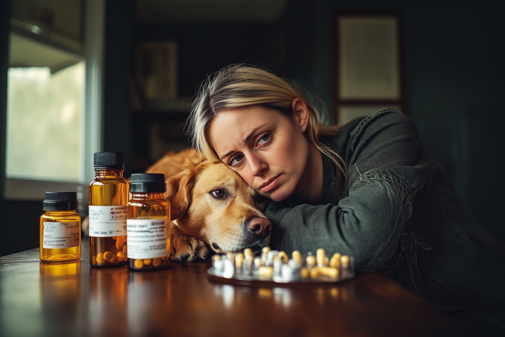 Propriétaire préoccupé avec un chien malade, entouré de médicaments, explorant l'utilisation de kaopectate pour chien.
