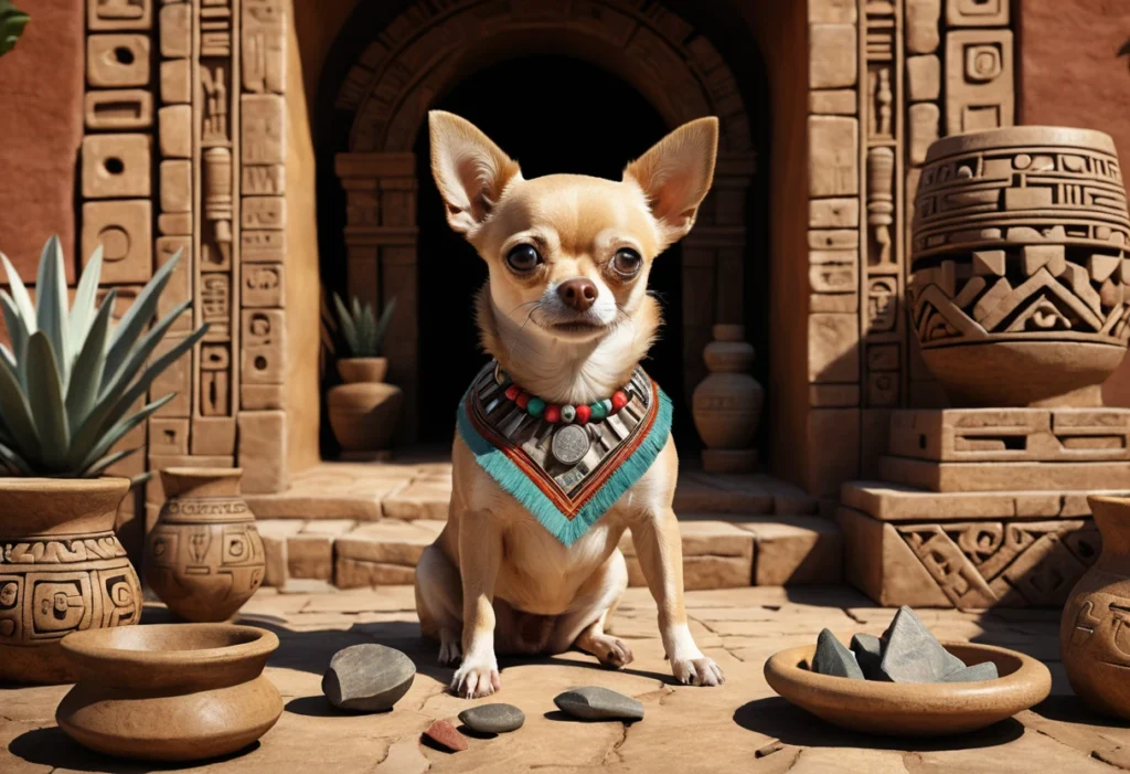 Portrait en pied d'un Chihuahua mexicain assis fièrement, affichant une posture confiante. Le chien a de grands yeux expressifs et des oreilles dressées, symbolisant sa vivacité et ses origines mexicaines.