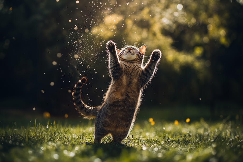 Chat joueur à l’extérieur avec un pelage sain, symbolisant l'efficacité anti-parasitaire de Credelio Chat.