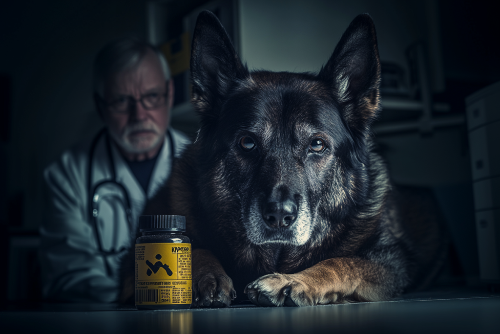Propriétaire préoccupé avec un chien malade, entouré de médicaments, explorant l'utilisation de Kaopectate pour Chien.